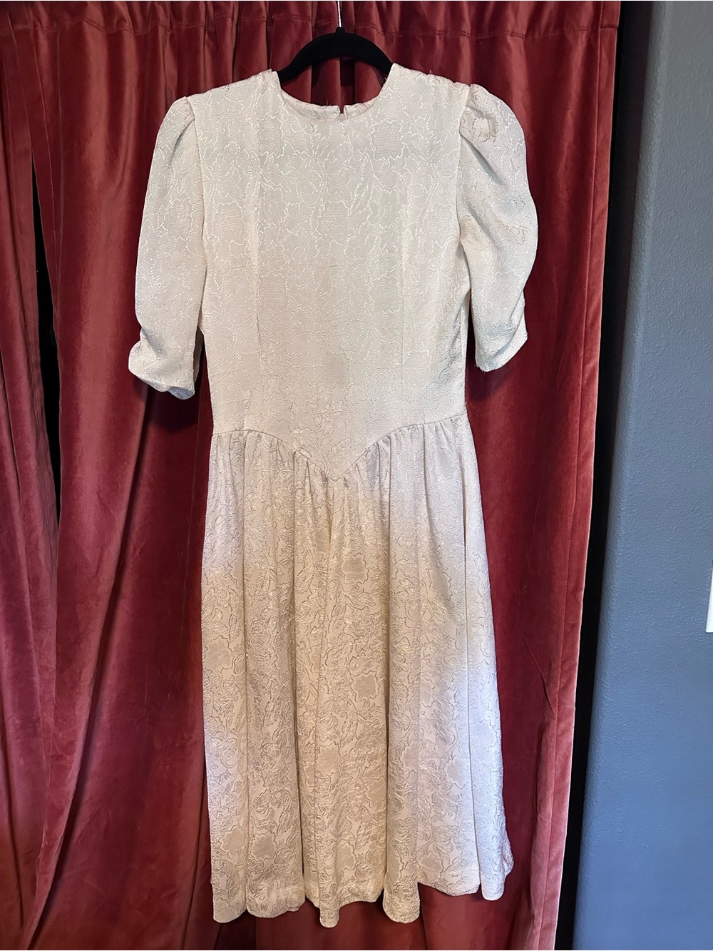Vintage Brocade Cream Dress with Puff Sleeve